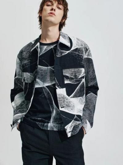 HARRISON WONG | Seersucker Jacket With Curvy Shadow Pattern Black
