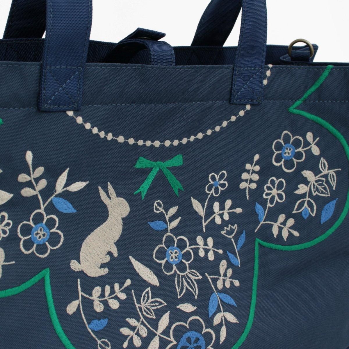 うさぎガーデン刺繍 | ふた付きA4トートバッグ - 刺繍バッグ