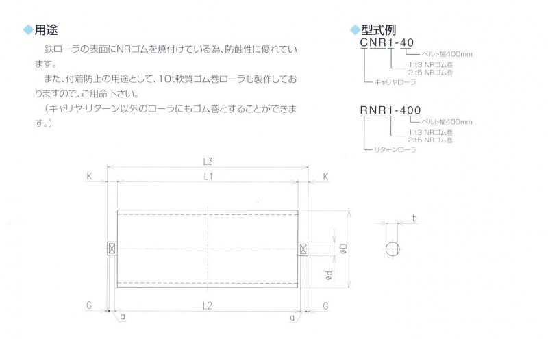 3tゴム巻リターンローラ、RNR1-450（ベルト幅450mm用）