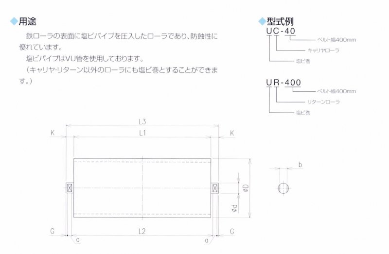 塩ビ巻リターンローラ、UR-450（ベルト幅450mm用）