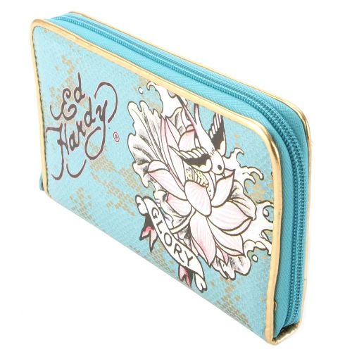 Ed Hardy Cherry Blossom Zip Around Wallet - Blue エドハーディー 長 