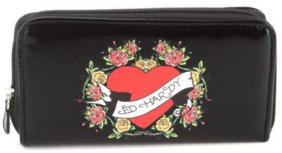 Ed Hardy Floral Laurel Zip Around Wallet - Black/EH1PU301FL