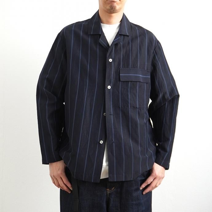 157624635 STILL BY HAND / BL03211 オリジナルストライプ素材 オープンカラージャケット - Navy Stripe 02