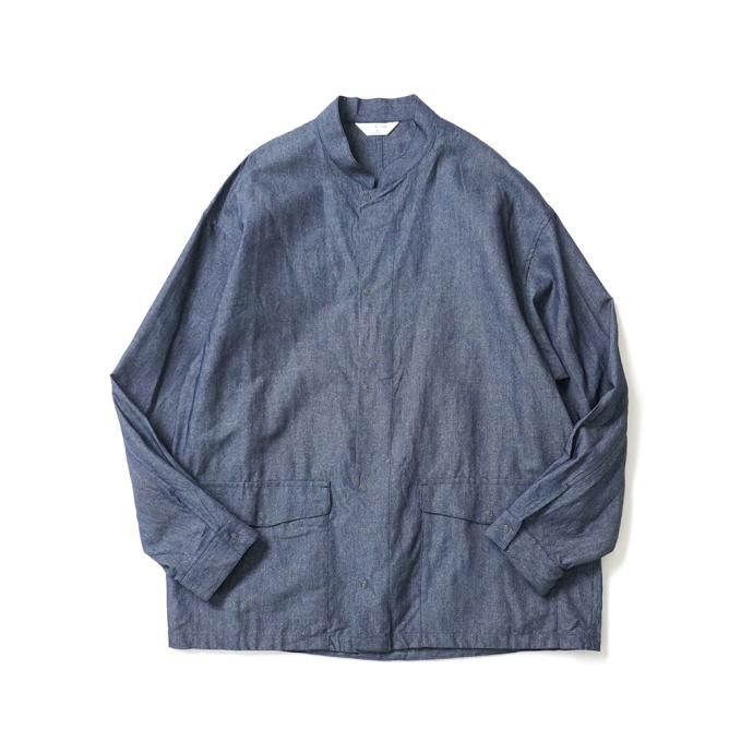 173501223 STILL BY HAND / BL06231 - INDIGO BLUE ペーパーシャンブレー スタンドカラージャケット 01