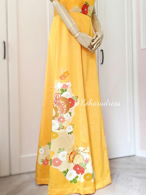 約1m27cm裄丈きものドレス　ギャザー　タイル黄色