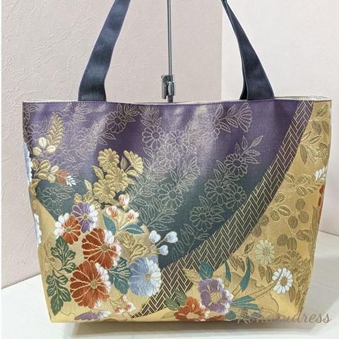 帯リメイク バッグ 薄紫の乱菊と水鳥② （帯リメイク☆紫×緑