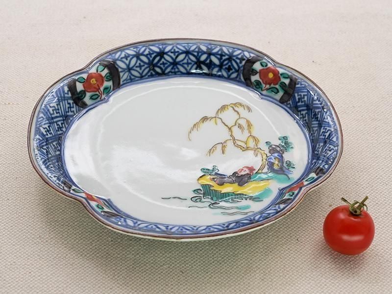 樋山真弓　お椀2個セットと大皿×１個 樋山真弓 色絵柳下小休憩木瓜皿 赤 | 九谷焼 | 東京 南青山の和食器