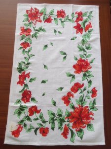 ルーマニア デッドストックのキッチンリネン タオル レトロ フラワー 赤 Romania deadstock kitchen cloth flower