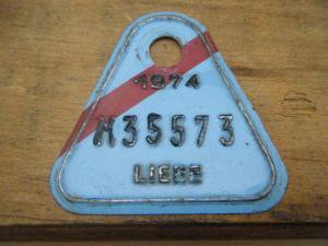 ドイツ蚤の市  ベルギー Liege メタルプレートタグ 水色 1974 M35573・VINTAGE metal plate tag Belgium