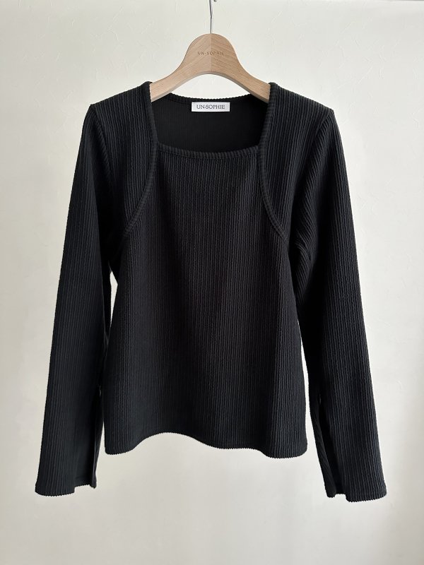 [UN-SOPHIE]FRILL STRIPE SQUARE NECK TOPS / BLACK