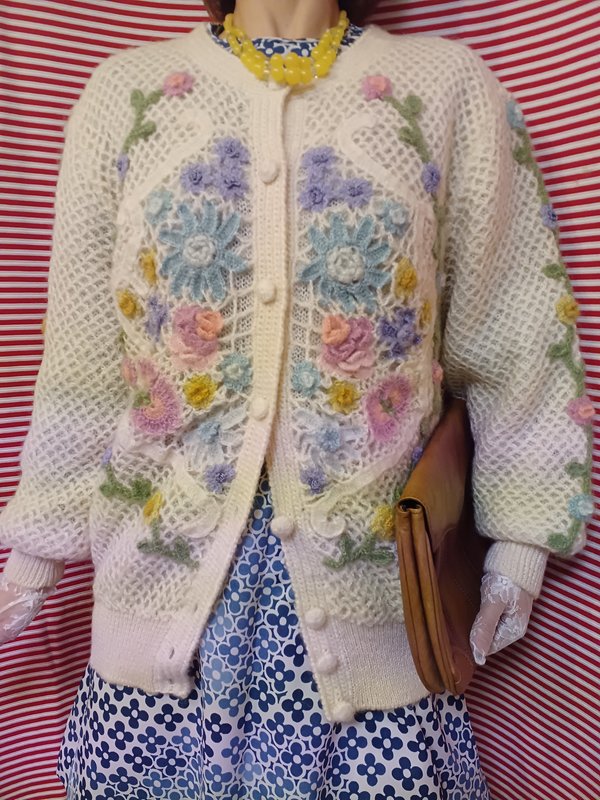 レトロ オーダーメイド お花刺繍 モチーフ アップリケ カーディガン 90年代