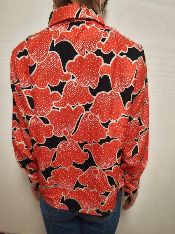 お仕立て品*オレンジ・黒お花ドット柄♪レトロシャツ -