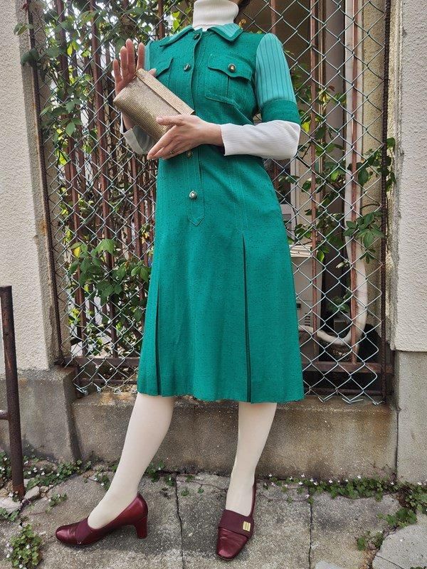 フランス製生地*太リブ切り替え☆緑MODEワンピ -