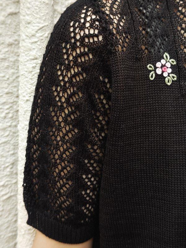 ヴィンテージ レトロ古着 お花刺繍モチーフサマーニット シアー感 黒 ヴィンテージ レトロ古着 お花刺繍モチーフサマーニット シアー