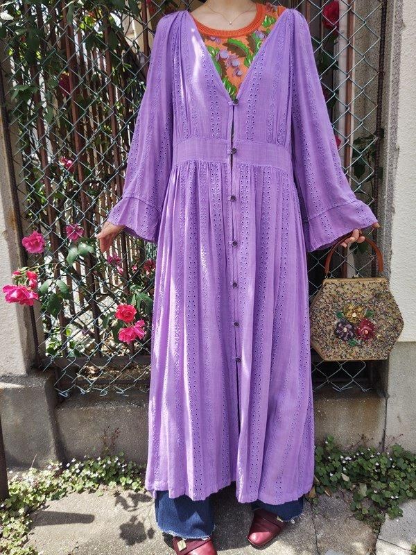 パープル刺繍素敵♪インド綿ワンピ -