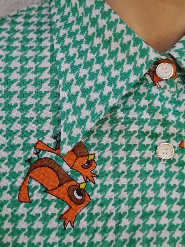 レナウン*すずめ鳥x千鳥格子柄♪レトロシャツ -