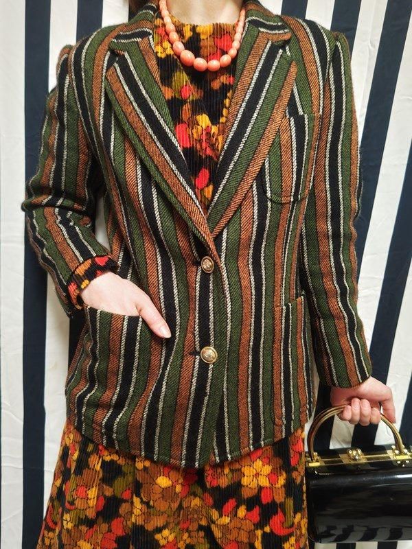 フランス製*キャメル・緑・黒・白ストライプ☆モダンジャケット -