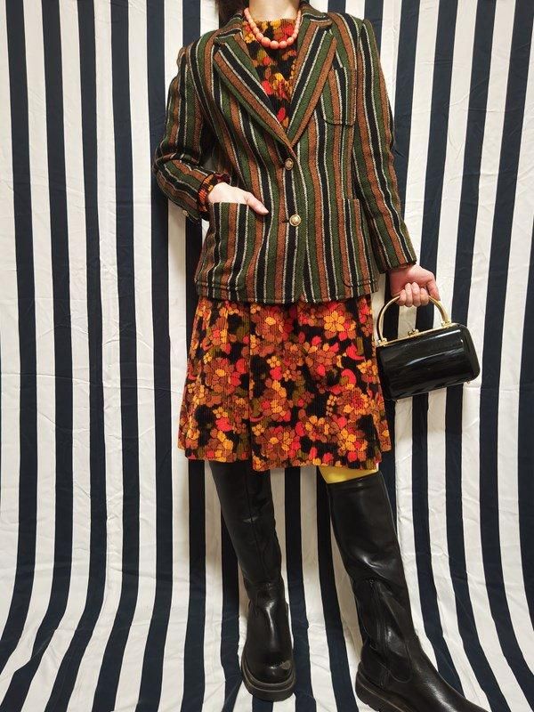 フランス製*キャメル・緑・黒・白ストライプ☆モダンジャケット -