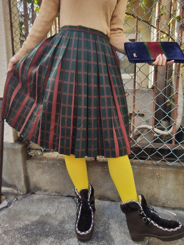 お仕立て品*深緑x茶格子チェック柄♪レトロプリーツスカート -