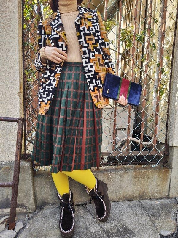 お仕立て品*深緑x茶格子チェック柄♪レトロプリーツスカート -