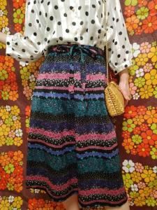 70's　昭和　レトロ　スカート　花柄　プリーツ　太ベルト　古着　ヴィンテージ 70's昭和レトロスカート花柄プリーツ太ベルト古着ヴィンテージ