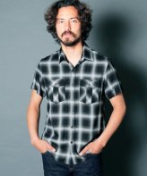 Magine<BR>RAYON OMBRE CHECK MILITARY POCKET SHIRT S/S(BLACK)