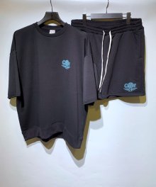 CALEE<BR>AEROKNOT OVER SILHOUETTE S/S LIGHT SWEAT&RELAX SWEAT SHORTS(BLACK)(SET UP)