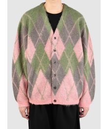 LAD MUSICIAN <BR>ARGYLE MOHAIR KNIT CARDIGAN(YELLOW GREEN×PINK)