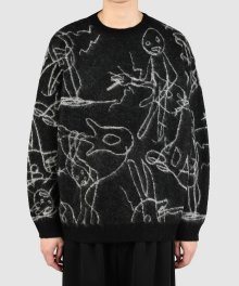 LAD MUSICIAN <BR>MOHAIR WJQ KNIT DIFFERENT CREW NECK PULLOVER(BLACK)