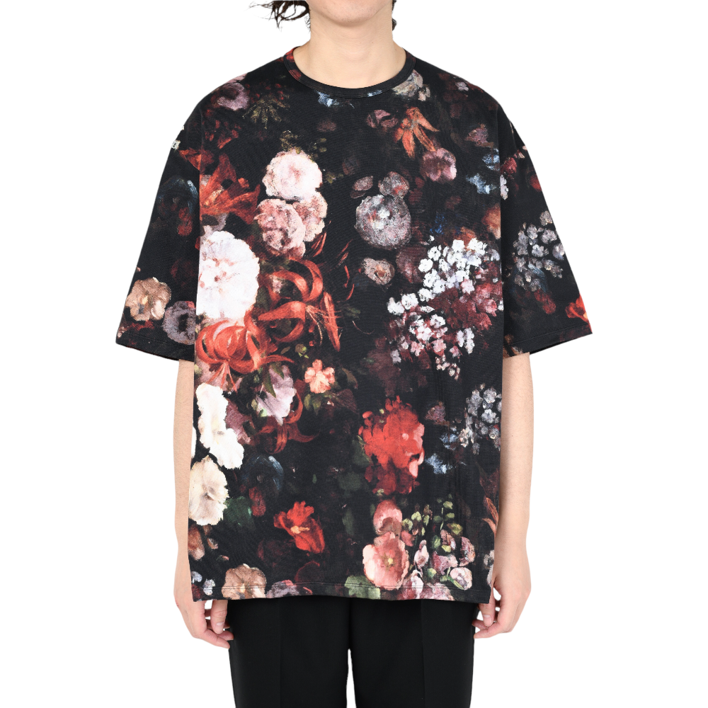 LAD MUSICIAN <BR> 30/2 T-CLOTH INKJET FLOWER SUPER BIG T-SHIRT(BLACK)