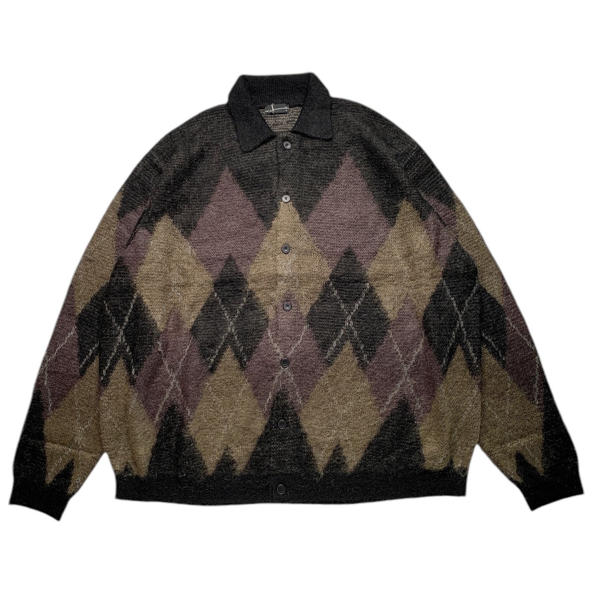 LAD MUSICIAN <BR>MOHAIR SHAGGY ARGYLE INTARSIA KNIT SHIRT(BLACKDARK KHAKI)