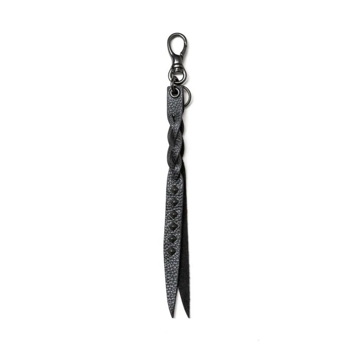 CALEE<BR>STUDS & KNITTING LEATHER SHORT KEY RING TYPE A(BLACK/BLACK)