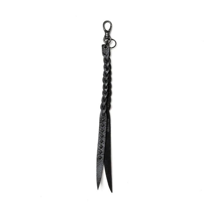 CALEE<BR>STUDS & KNITTING LEATHER LONG KEY RING TYPE A(BLACK/BLACK)