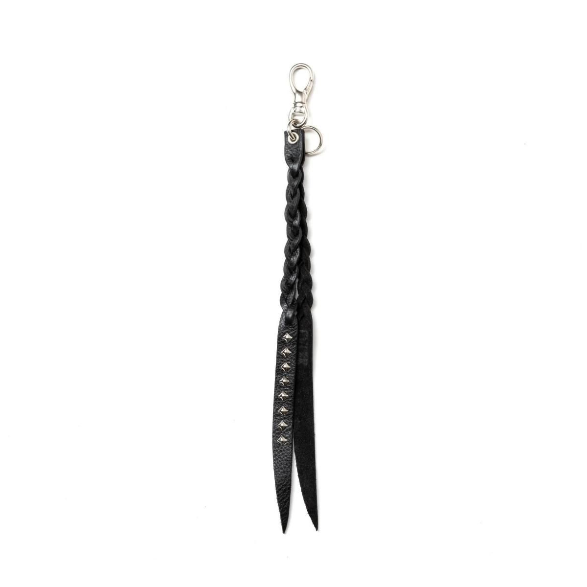 CALEE<BR>STUDS & KNITTING LEATHER LONG KEY RING TYPE A(BLACK)