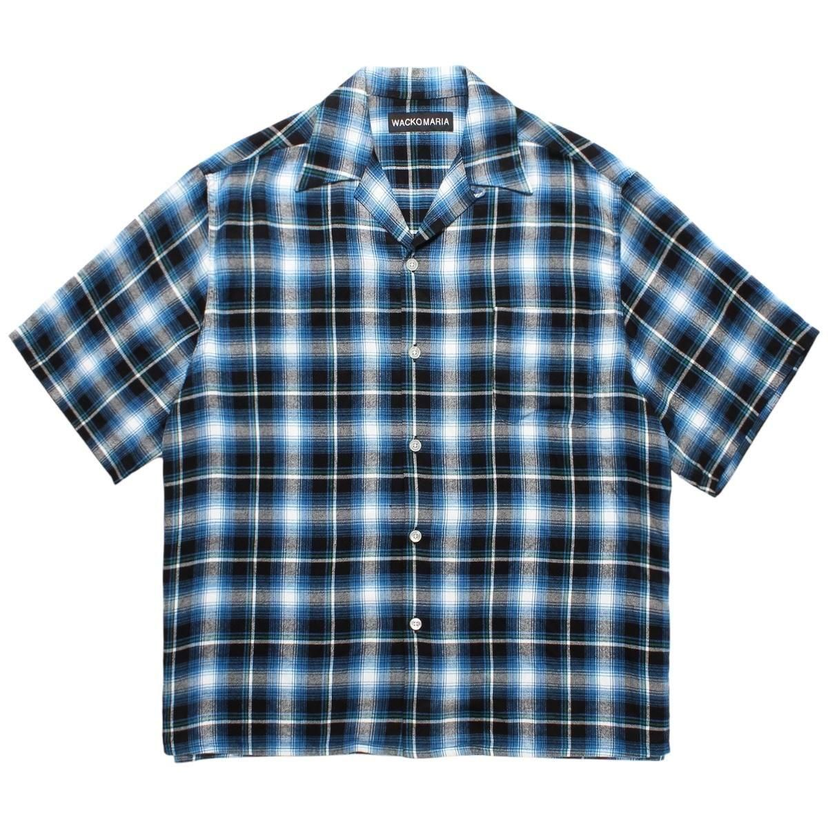 WACKOMARIA<BR>OMBRE CHECK OPEN COLLAR SHIRT(TYPE-1)(BLUE)