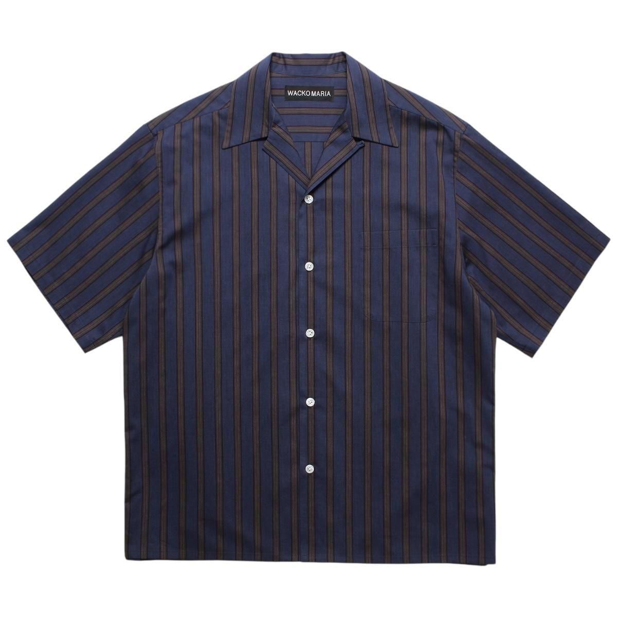 WACKOMARIA<BR>STRIPED OPEN COLLAR SHIRT S/S(TYPE-2)(NAVY)
