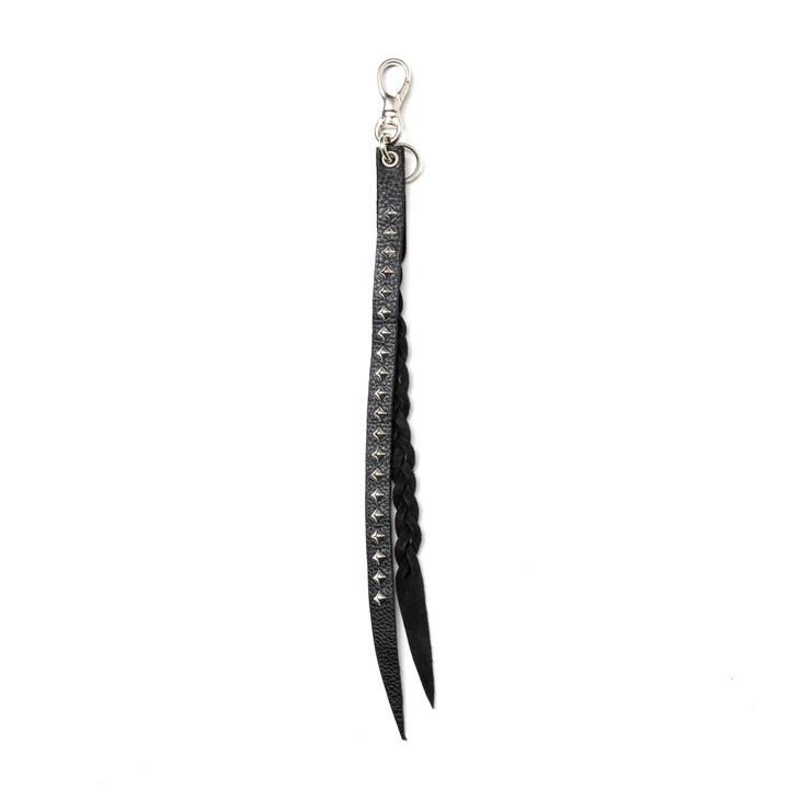 CALEE<BR>STUDS & KNITTING LEATHER LONG KEY RINGTYPE B(BLACK)