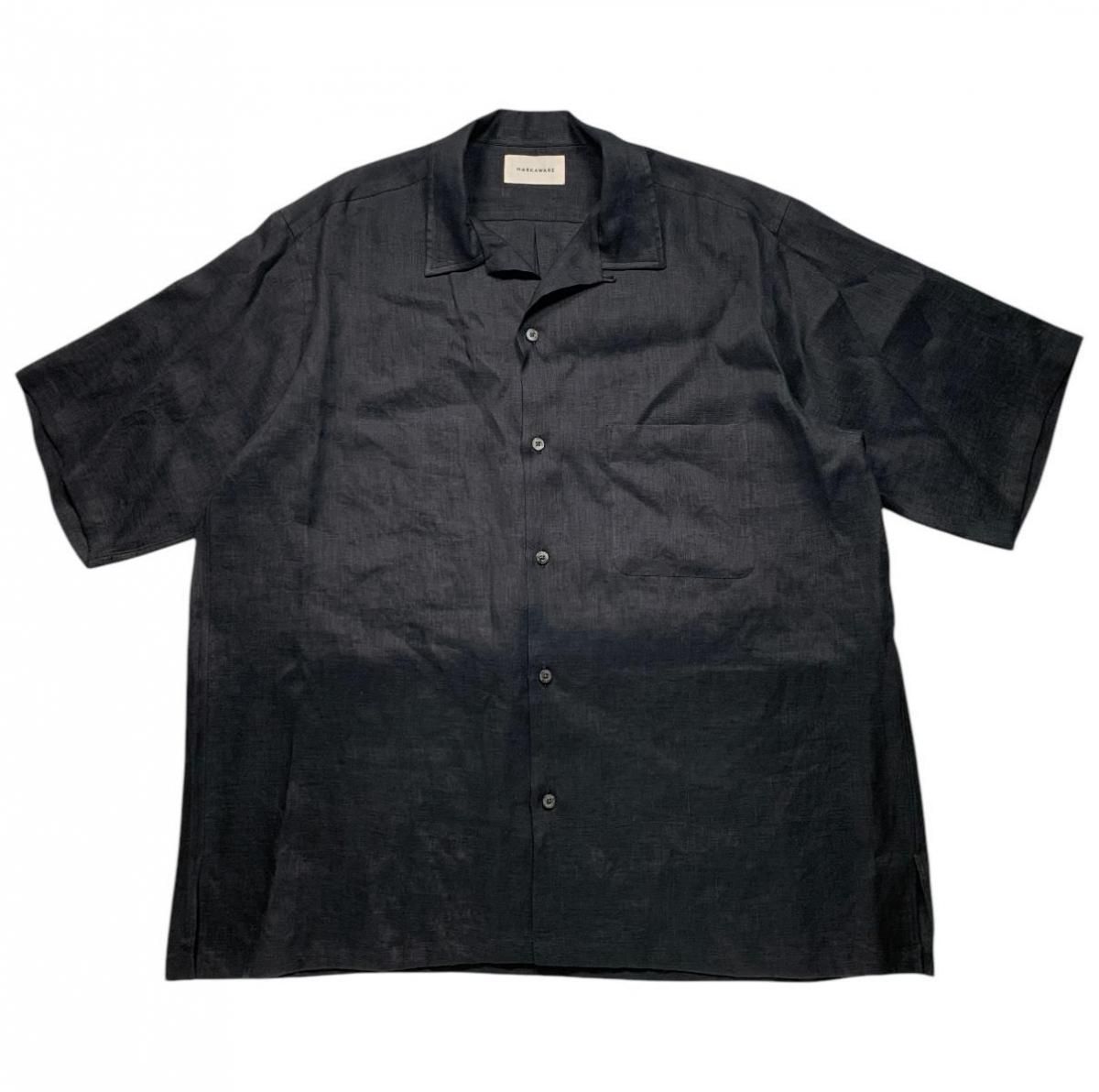 MARKAWARE <BR>NEW OPEN COLLAR S/S SHIRT - HEMP SHIRTING -(BLACK)