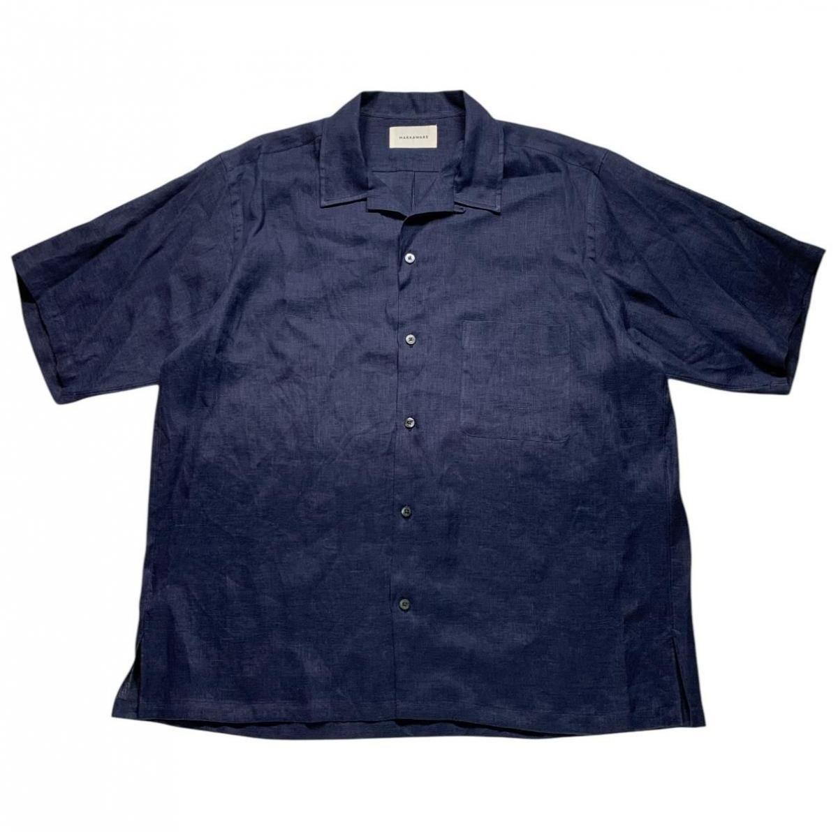 MARKAWARE <BR>NEW OPEN COLLAR S/S SHIRT - HEMP SHIRTING -(NAVY)