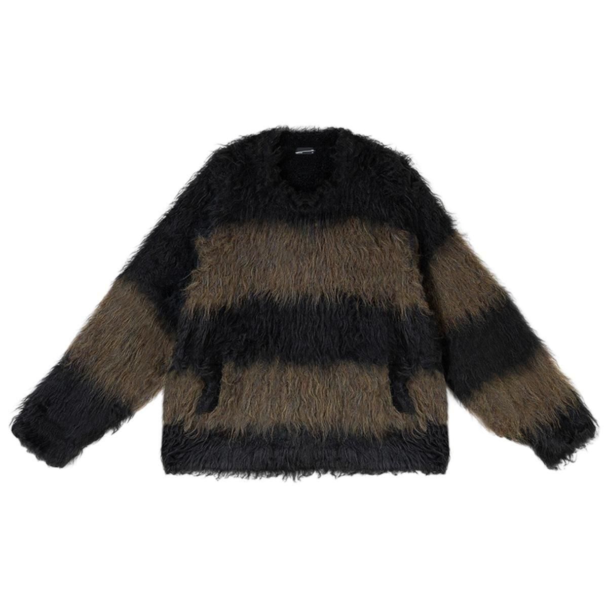 LAD MUSICIAN <BR>LOOP YARN SHAGGY BORDER KNIT PULLOVER(KHAKIBLACK)