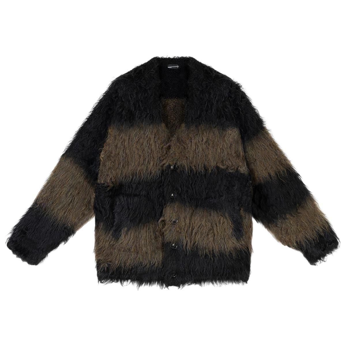 LAD MUSICIAN <BR>LOOP YARN SHAGGY BORDER KNIT CARDIGAN(KHAKIBLACK)