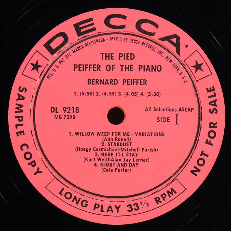 Bernard Peiffer ‎– The Pied Bernard Peiffer Of The Piano lp DL-9218 - Jazz  - EX