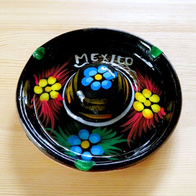メキシコ 陶器灰皿ソンブレロフラワーM（ブラック）