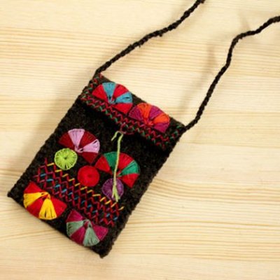 メキシコ ウール刺繍ポーチS（ブラック）