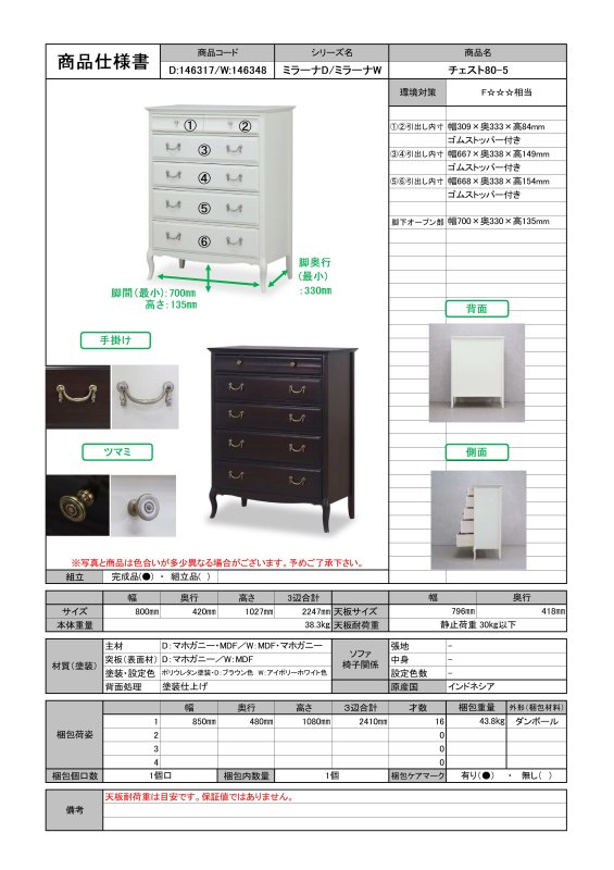 東海家具 MilanaD ミラーナD チェスト80-5 メーカー直送商品 送料無料