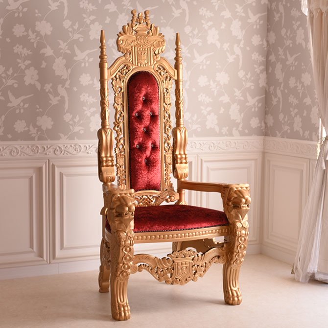 個性派アンティークコレクション・王様の椅子　ビッグライオンキング　べロアチェリーゴールド　K-KRS-212-GD　開梱設置込み　送料無料(北海道・沖縄は別途送料が掛かります。)　ジェニファーテイラーとアンティーク・ロココ調家具の小江戸装飾