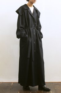 Wool Georgette Big Collar Long Coat (black)