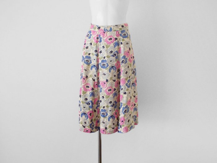 Rose pink・Dull blue Anemone Print Flare Skirt - trip vintage
