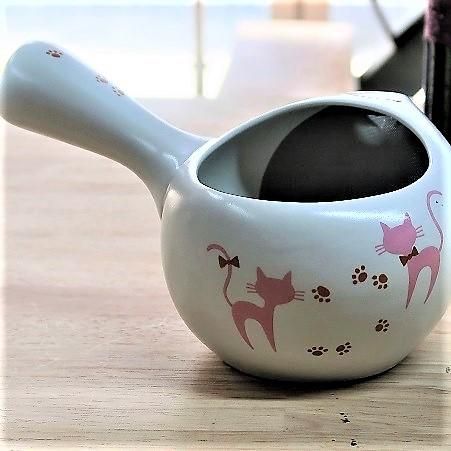 ふたなし急須 <br>白×ピンクのネコ<br>