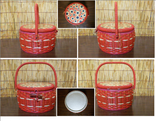 レトロ 丸型裁縫箱（赤・花柄） - 昭和レトロ、レトロ雑貨、フィギュア 